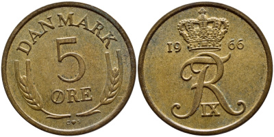 Дания 5 эре 1966 C; S, Фредерик IX (1947-1972) KM 848.1 бронза 4398-847