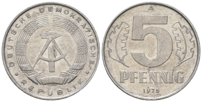 ГДР 5 пфеннигов 1975 A KM 9.1 алюминий 4625-1265