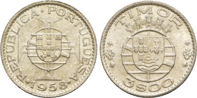Португальский Тимор 3 эскудо 1958  KM 14 серебро  aUNC 4635-846
