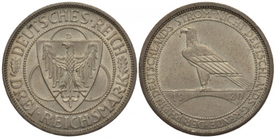 Германия 3 марки 1930 D, освобождение Рейнлянда J. 345, KM 70 серебро aUNC 00-814-71