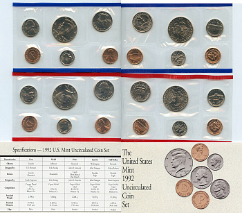 США официальный набор из 10 монет и 2 жетонов 1992 1, 5, 10, 25 и 50 центов, монетные дворы P и D, в оригинальном конверте KM MS 156   UNC  1181-4-05