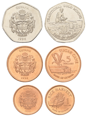 Гайана годовой набор из 3 монет (1, 5 и 10 долларов) 1996  KM 50, 51 и 52   UNC  4681-251-253