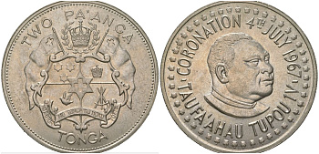 Тонга 2 паанга 1967 Коронация Тауфа’ахау Тупоу IV KM 19 медно-никель UNC 4113-711
