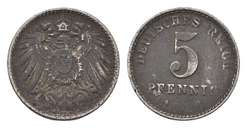 Германия 5 пфеннигов 1916 A, Вильгельм II (1888-1918) KM 19, AKS 17, J 297 железо плакированное цинком 4684-216