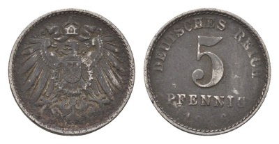 Германия 5 пфеннигов 1916 A, Вильгельм II (1888-1918) KM 19, AKS 17, J 297 железо плакированное цинком 4684-216