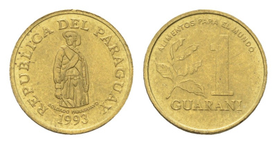 Парагвай 1 гуарани 1993 год-тип KM 192 сталь плакированная латунью UNC 4668-1012