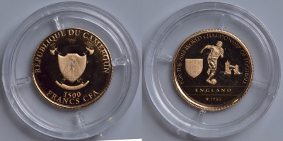 КАМЕРУН 1500 ФРАНКОВ 2014 ЧЕМПИОНАТ МИРА ПО ФУТБОЛУ - 2014, ВЕЛИКОБРИТАНИЯ - ГОДЫ ЧЕМПИОНСТВА, ИГРОК С МЯЧОМ НА ФОНЕ ТАУЭРСКОГО МОСТА KM NEW золото PROOF 00-000-00