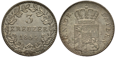 Бавария 3 крейцера 1854 Максимилиан II (1848-1864) KM 453 серебро 413-2521