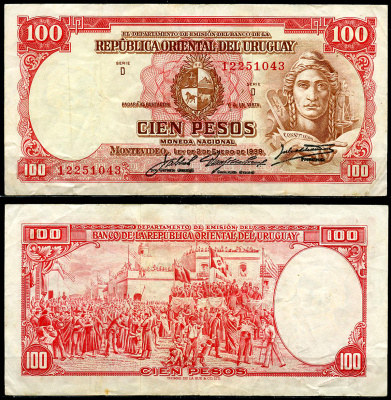 Уругвай 100 песо 1939 конституция, приведение к присяге Конституции, 1830 год, серия D, por Gerente General Pick 39 c (1)  бумага   444-145-1-2