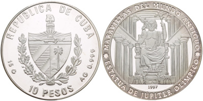 Куба 10 песо 1997 серия семь чудес света, статуя Зевса в Олимпии KM 598 серебро  PROOF  02-108-41