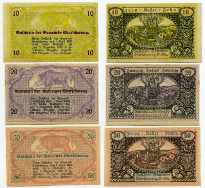 Австрия, Эбершванг набор из 3 банкнот 10, 20, 50 геллеров 1920 1 апреля 1920 - 1 декабря 1920, нотгельд, ярмарочная община в земле Верхняя Австрия   бумага  UNC (пресс) 7555-24-4-1