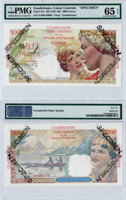 Гваделупа 1000 франков ND (1947-49) SPECIMEN - образец в слабе PMG 65 (Gem Uncirculated). Женщины в традиционных нарядах, мужчины в лодках Pick 37 s  бумага  UNC (пресс) 10-2-33