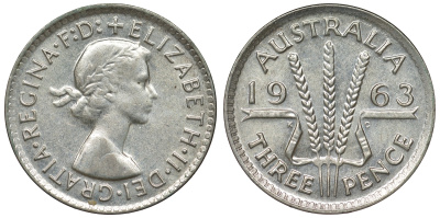 Австралия 3 пенса 1963 m, Елизавета II (1952-2022) KM 57 серебро 71-831