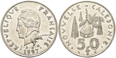 Французская Новая Каледония 50 франков 1997 хижина среди сосен и пальм, (IEOM) KM 13, Schoen 15, Lec 121 никель 4123-743