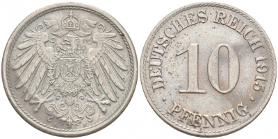 ГЕРМАНИЯ 10 ПФЕННИГОВ 1915 A J. 13, KM 12 медно-никель 73-1615