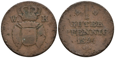 Шаумбург-Гессен 1 пфенниг 1824 Вильгельм II Brendel 64, Jaeger 23, AKS 32 медь 220-751