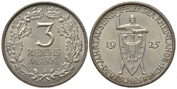 Германия 3 марки 1925 A - 1000 летие Рейнланд J. 321, KM 48 серебро aUNC 00-1067-8-13