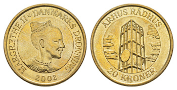 Дания 20 крон 2002 Башня Ратуши, Орхус KM 889 алюминиевая бронза UNC 4657-1237