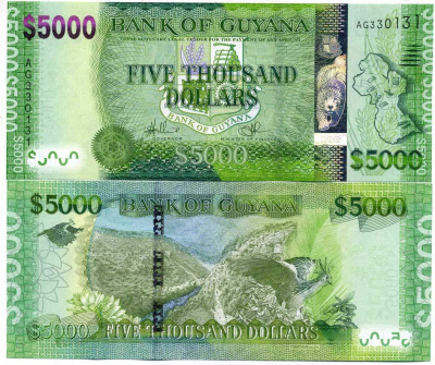 Гайана 5000 долларов ND (2013) карта Гайаны, природный ландшафт, попугай Pick 40 a (1) бумага UNC (пресс) 451-231-1