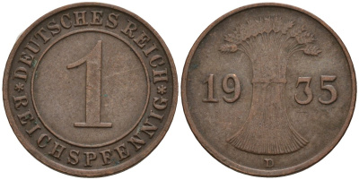Германия 1 рейхспфенниг 1935 D KM 37, J. 313 бронза 4549-723