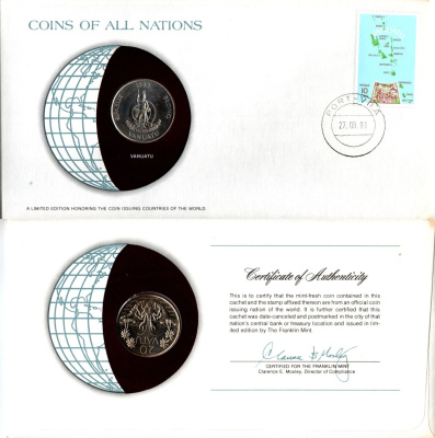 Вануату 20 вату 1983 конверт с маркой первого дня гашения, Coins of Nations KM 7 медно-никель UNC 4294-12-1