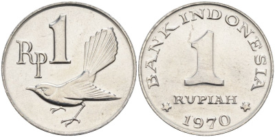 Индонезия 1 рупия 1970 птичка мухоловка KM 20 алюминий UNC 4153-536