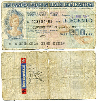 Италия 200 лир 1977 чек банка провинции lombarda бумага 7484-16-3