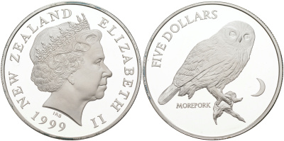 Новая Зеландия 5 долларов 1999 сова на ветке, morepork KM 115 a серебро  PROOF 00-000-00