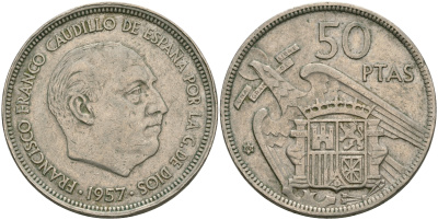 Испания 50 песет 1957 (60) Франциско Франко (1939-1975) KM 788 медно-никель 08-644