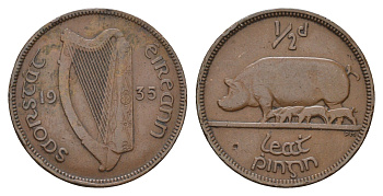 Ирландия 1/2 пенни 1935 свинья с поросятами KM 2 бронза 4121-1234