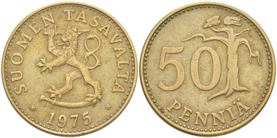 Финляндия 50 пенни 1975 S KM 48 алюминиевая бронза 219-1213