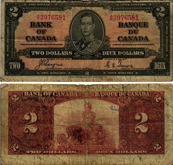 КАНАДА 2 ДОЛЛАРА 1937 ГЕОРГ VI, ПОДПИСЬ COYNE-TOWERS, BABNC Pick 59c бумага 7485-36-2