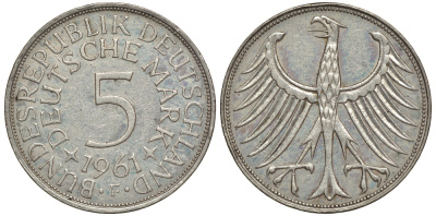 ФРГ 5 марок 1961 F, J. 387, KM 112.1 серебро 603-1242