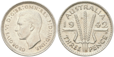 Австралия 3 пенса 1942 D, Георг V (1936-1952) KM 37 серебро 4621-1151