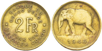 Бельгийское Конго 2 франка 1946 слон KM 28 латунь 4541-1023