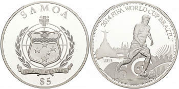 Самоа 5 тала 2013 FIFA, Чемпионат мира по футболу в Бразилии 2014 KM NEW серебро PROOF 11-078-45