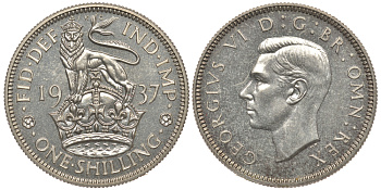 Великобритания 1 шиллинг 1937 Георг VI (1936-1952), Английский герб KM 853, Spink 4082 серебро PROOF 1082-3-41