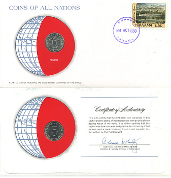 Панама 5 сентесимо 1975 конверт с маркой первого дня гашения, Coins of Nations KM 23.2 медно-никель UNC 4294-61-1