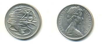 Австралия 20 центов 1976 Елизавета II (1952-2022), утконос KM 66 медно-никель UNC 47-314