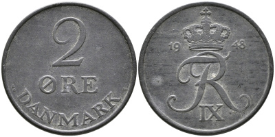 ДАНИЯ 2 ЭРЕ 1948 N; S, ФРЕДЕРИК IX (1947-1972) KM 840.1 цинк 28-1041