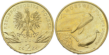 Польша 2 злотых 2004 MW, серия сохраним природу, морская свинья KM 464 нордик UNC 4574-921