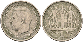 Греция 1 драхма 1966 Константин II (1966-1973) KM 89 медно-никель 4591-923