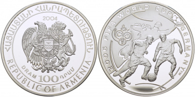 Армения 100 драм 2004 чемпионат мира по футболу в Германии 2006, тираж 300 экземпляров KM 111 серебро PROOF 1077-7-11