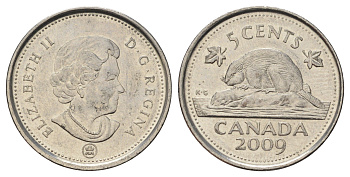 Канада 5 центов 2009 Leaf, Елизавета II (1952-2022), бобр KM 491 сталь плакированная никелем 4689-523