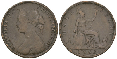 Великобритания 1/2 пенни 1862 Виктория (1837-1901) KM 748.2, Spink 3956 бронза 92-1146