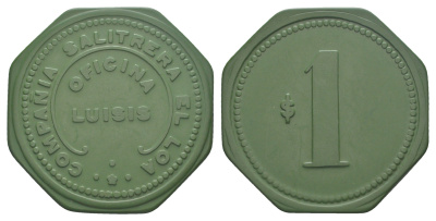 Чили, Луизис (Luisis), Антофагаста шахтерский жетон с Селитряного рудника для покупки в местных магазинах, номиналом в 1 песо около 1905 размер 42x42 мм, вес 5,51 гр Espinosa 189.6 эбонит (зеленый) 1078-1-54