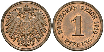 Германия 1 пфенниг 1910 G, Вильгельм II (1888-1918) KM 10, J. 10 медь aUNC 1525-542