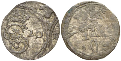 Великое княжество Литовское 2 денария 1620 Сигизмунд III (1587-1632), вес 0,54 гр. KM 15.3 серебро 1517-121