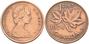 Канада 1 цент 1974 Елизавета II (1952-2022), кленовый лист KM 59.1 бронза 188-752
