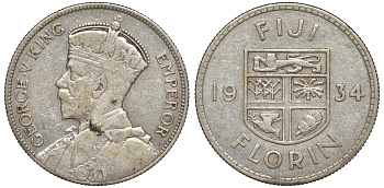 Фиджи 1 флорин 1934 Георг V (1910-1936), герб Фиджи KM 5 серебро    91-1122